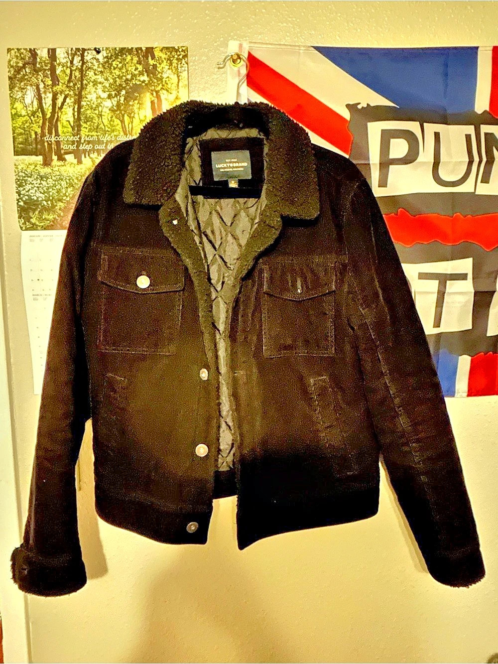 Cottage-core Lucky Black Corduroy Jacket Sherpa Collar and cuffs Quilted lining